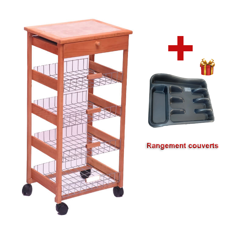 Chariot de Rangement Cuisine en Bois Massif – L’Allié Organisation + Cadeau Offert