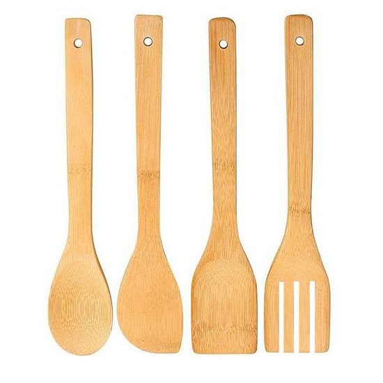 Lot de 4 Ustensiles & Pot de Cuisine Bambou Naturel