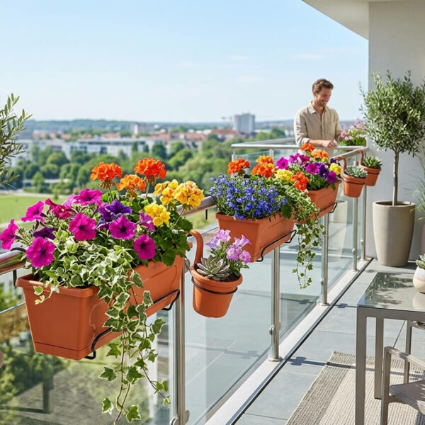 Aménagement balcon moderne en Tunisie avec plusieurs bacs à fleurs suspendus et fleurs colorées