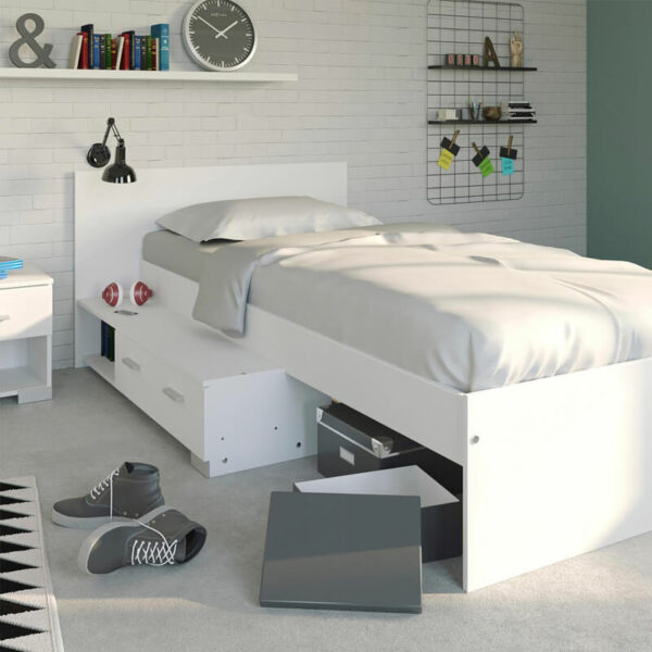 Lit une place blanc en MDF stratifié 18mm pour chambre garçon avec tiroir intégré.