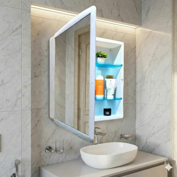 Armoire de toilette ouverte avec étagères de rangement en plastique bleu contenant des produits cosmétiques.