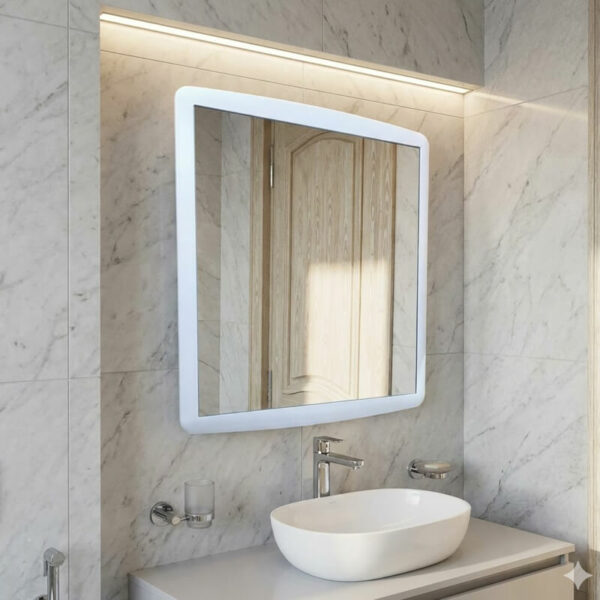 Miroir de salle de bain design avec cadre blanc moderne, dimensions 59x52 cm, pour décoration intérieure en Tunisie.