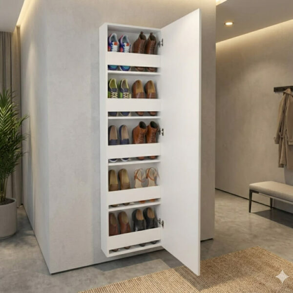 Intérieur du rangement chaussures suspendu 10 paires en MDF stratifié blanc.