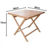 Gros plan technique avec dimensions (90x80x75 cm) de la table à manger pliable en bois pour le jardin.