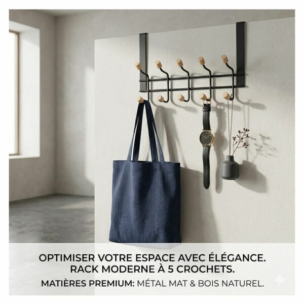 Porte-manteau de porte en métal noir mat et bois naturel avec 10 crochets