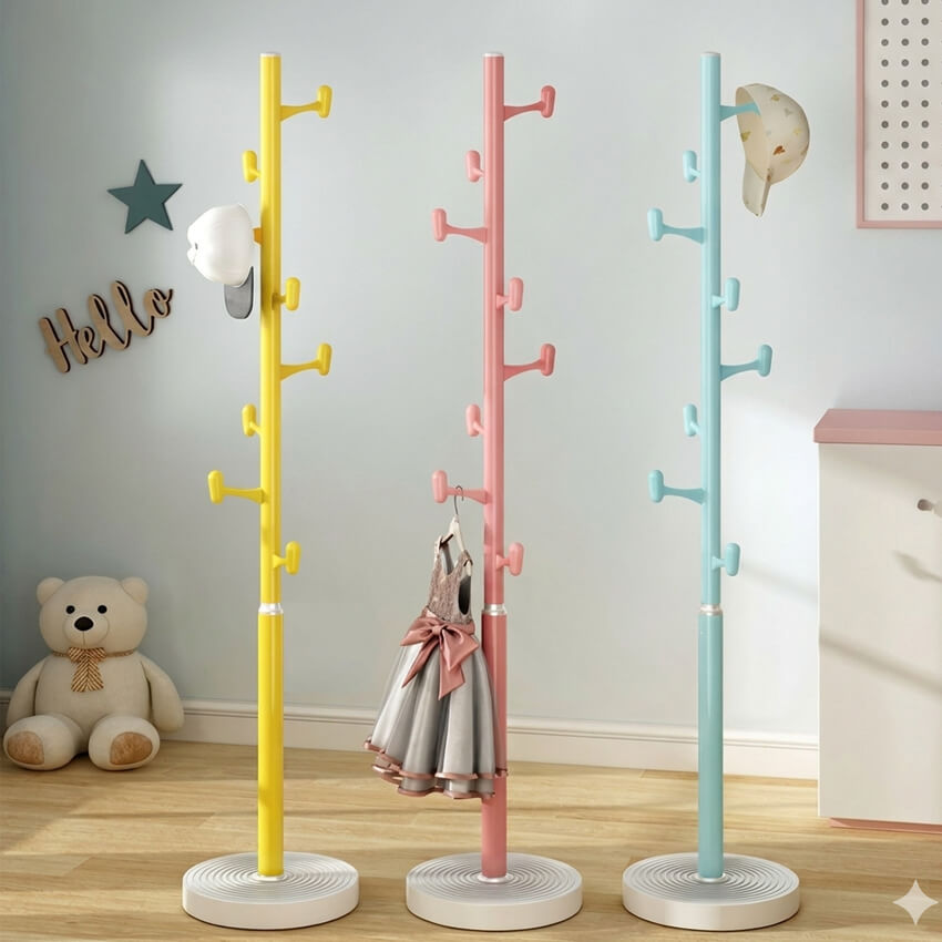 Porte-manteau enfant sur pied moderne en métal coloré (bleu, rose, jaune) pour rangement et décoration chambre enfant Tunisie.