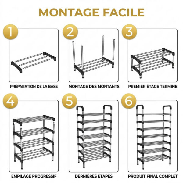 Schéma de montage rapide en 6 étapes pour étagère à chaussures en métal modulaire.