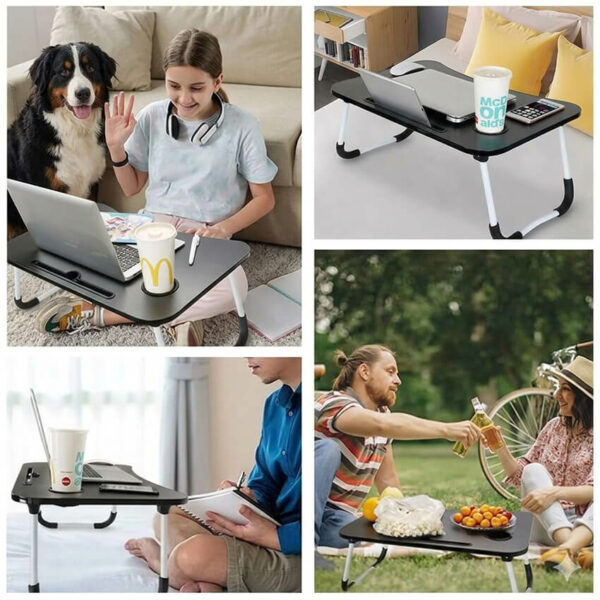 Une enfant en Tunisie dessine avec enthousiasme sur la table de lit pliable noire et blanche, installée au sol sur un tapis. Des crayons de couleur et son dessin sont posés sur le grand plateau robuste. Les pieds pliants sont bien visibles.