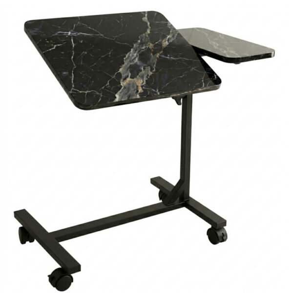 Vue studio sur fond blanc de la table de lit pour PC inclinable et réglable en hauteur, avec structure en acier noir.