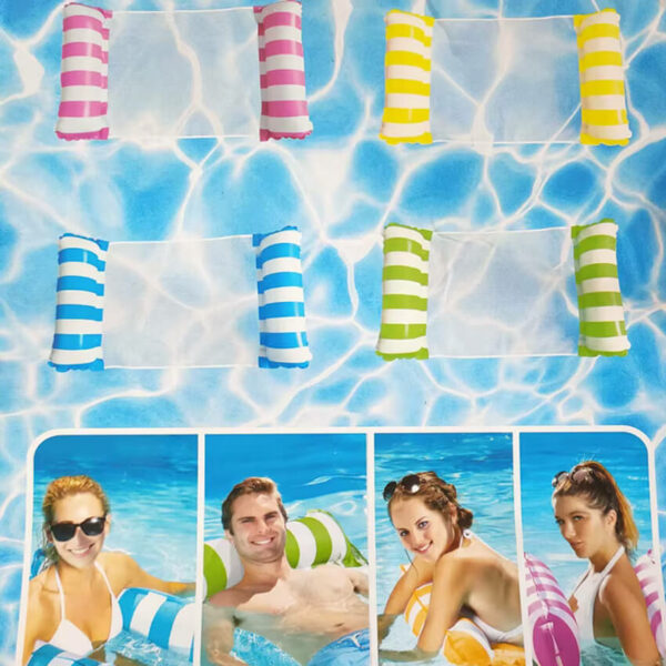 Montage de quatre hamacs de piscine gonflables multifonctions en couleurs bleues, roses, vertes et jaunes avec un filet central.