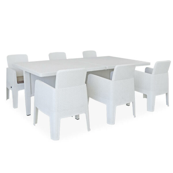 Salle a manger exterieur 6 places blanche effet rotin tresse luxe Tunis