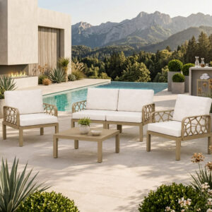 Salon de jardin moderne 4 places taupe Portofino sur une terrasse luxueuse avec piscine en Tunisie.