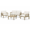 Ensemble de salon de jardin Sofpince Portofino 4 places taupe sur fond blanc vue studio nette.
