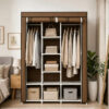 Grande armoire portable en tissu marron ouverte avec un cadre blanc, remplie de vêtements suspendus et pliés, de sacs à main et de boîtes de rangement sur six étagères.