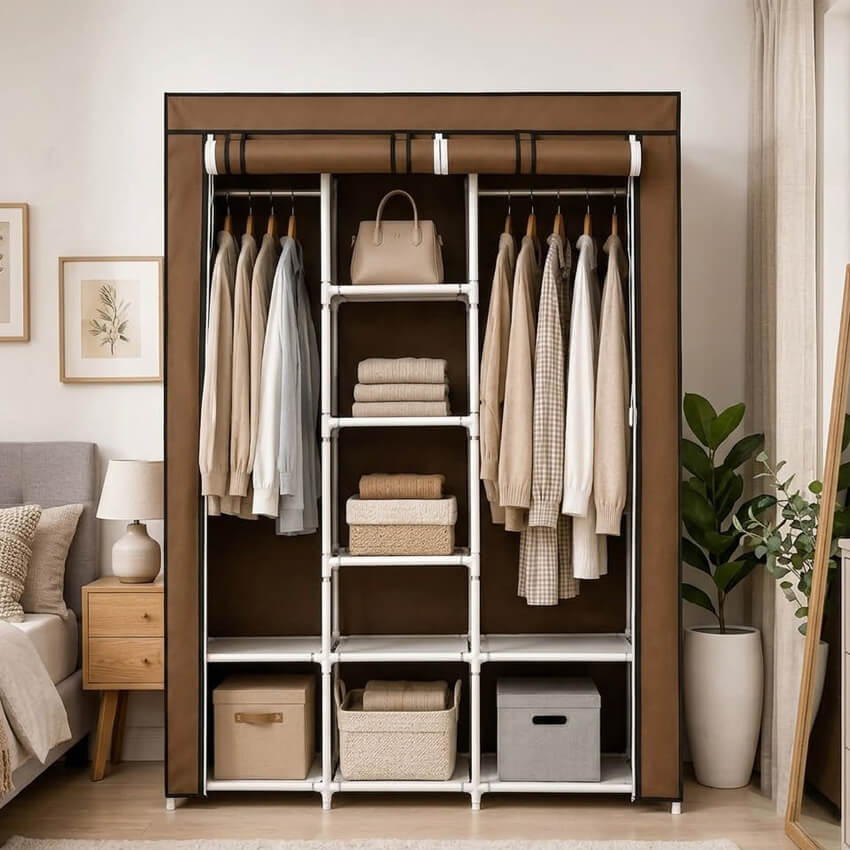 Grande armoire portable en tissu marron ouverte avec un cadre blanc, remplie de vêtements suspendus et pliés, de sacs à main et de boîtes de rangement sur six étagères.