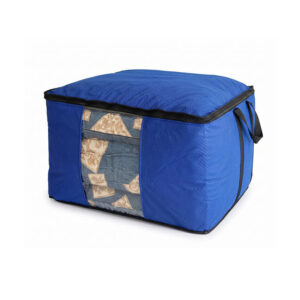Sac de rangement premium bleu avec fenêtre transparente contenant une couverture. Idéal comme sac rangement couette ou sac de rangement vêtement