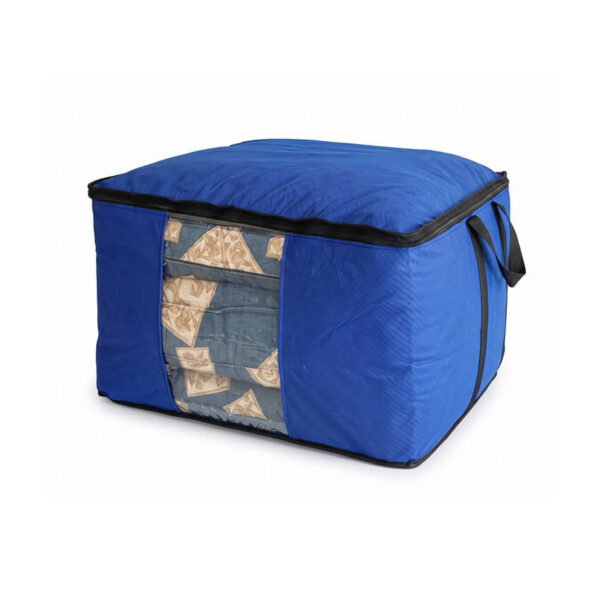 Sac de rangement premium bleu avec fenêtre transparente contenant une couverture. Idéal comme sac rangement couette ou sac de rangement vêtement