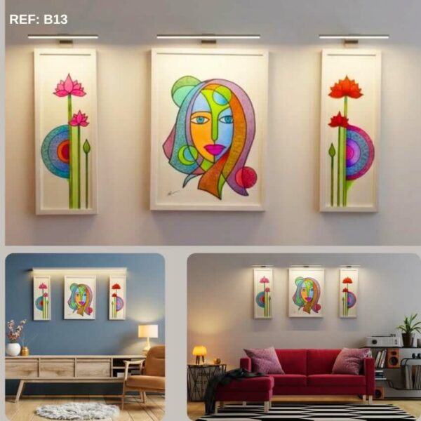 Triptyque de tableaux décoratifs d'art moderne affichant un visage abstrait géométrique et des fleurs de lotus colorées.