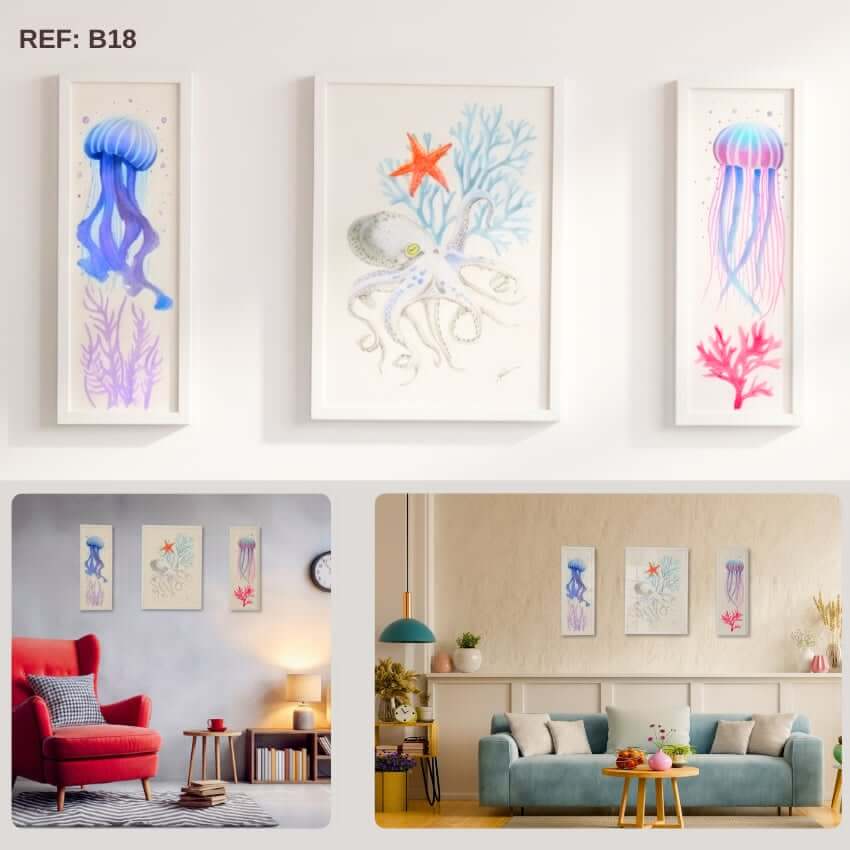 Tableau décoratif mural de la faune sous-marine représentant une pieuvre, des méduses et des coraux dans des nuances douces de bleu et rose.
