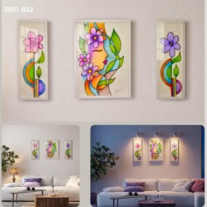 Décoration murale composée de 3 tableaux représentant un profil de femme zen et des fleurs violettes délicates.