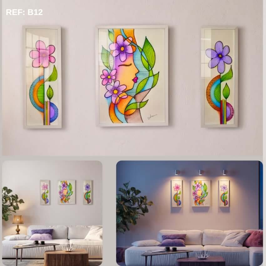Décoration murale composée de 3 tableaux représentant un profil de femme zen et des fleurs violettes délicates.