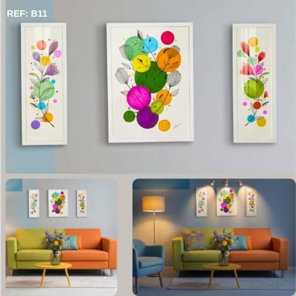 Tableau décoratif pour salon au style abstrait moderne avec grands cercles multicolores et motifs végétaux géométriques.