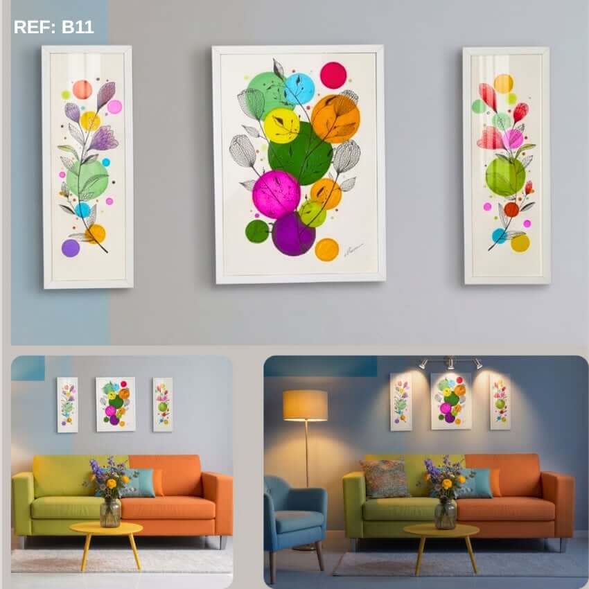 Tableau décoratif pour salon au style abstrait moderne avec grands cercles multicolores et motifs végétaux géométriques.