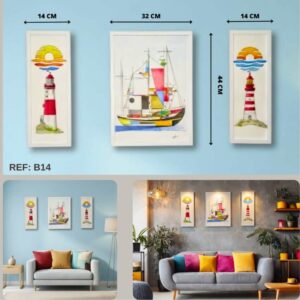 Tableau décoratif pour salon sur le thème de la mer avec un voilier abstrait et deux phares marins sur fond bleu.