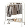 Porte vêtement avec rangement double en métal blanc, style minimaliste, pour vêtements et chaussures.