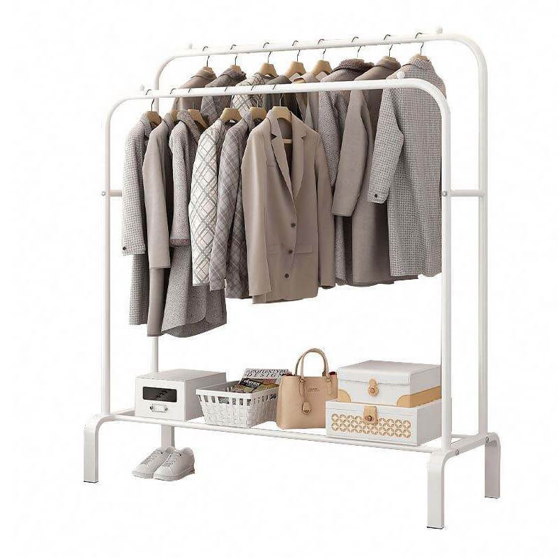 Porte vêtement avec rangement double en métal blanc, style minimaliste, pour vêtements et chaussures.