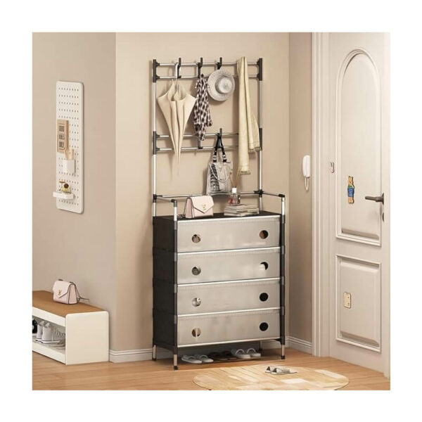 Vestiaire d'entrée multifonction argenté et noir avec penderie, 4 tiroirs de rangement et étagère à chaussures ouverte, optimisé pour le rangement des chaussures en Tunisie