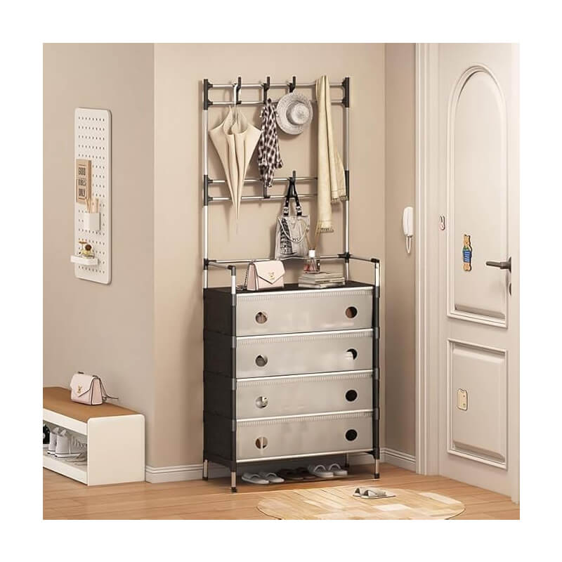 Vestiaire d'entrée multifonction argenté et noir avec penderie, 4 tiroirs de rangement et étagère à chaussures ouverte, optimisé pour le rangement des chaussures en Tunisie