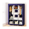 Grande armoire portable en tissu bleu ouverte avec un cadre blanc, remplie de vêtements suspendus et pliés, de sacs à main et de boîtes de rangement sur six étagères.